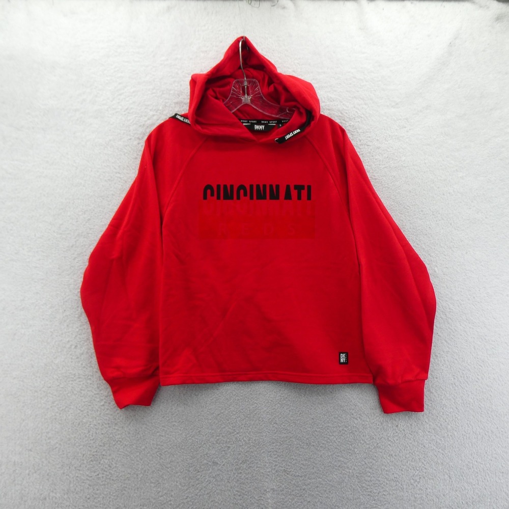 DKNY Sport Hoodie Women Small Cincinnati Reds Red MLB Pullover Raglan Sweatshirt
